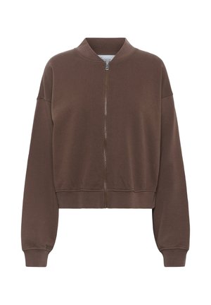 Brown cropped sweatshirt with a zipper front, ribbed cuffs, and a stand collar. Made from soft, textured fabric for comfort.