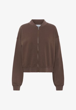 Bruine cropped sweatshirt met een ritssluiting aan de voorkant, ribgebreide manchetten en een staande kraag. Gemaakt van zachte, gestructureerde stof voor comfort.