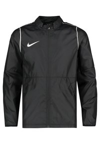 Schwarze Windjacke mit Reißverschluss, taillierte Passform, weißen Akzentstreifen und einem weißen Nike-Logo auf der linken Brust. Glattes, leichtes Material.