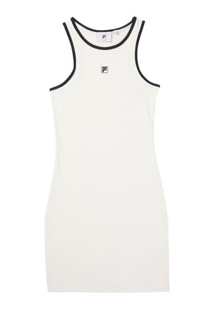 Hvid ærmeløs ribstrikket kjole med sort kant på ærmegab og udskæring, med en lille centreret FILA-logo på brystet.