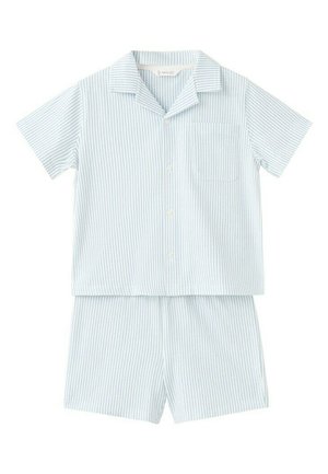 Krátka košeľa s vertikálnymi pásmi svetlomodrej a bielej farby, s náprsným vreckom a zodpovedajúce elastické šortky v páse.