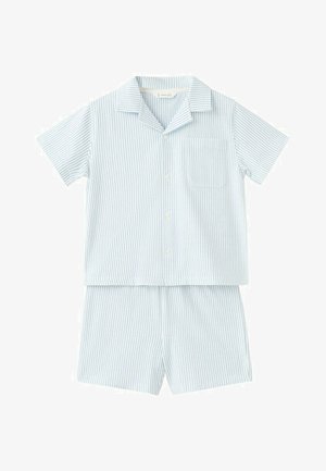 Krátka košeľa s vertikálnymi pásmi svetlomodrej a bielej farby, s náprsným vreckom a zodpovedajúce elastické šortky v páse.