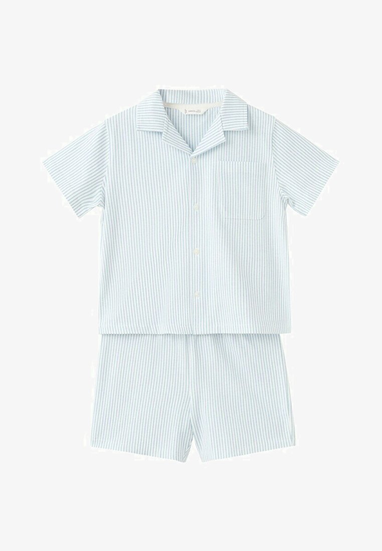 Krátka košeľa s vertikálnymi pásmi svetlomodrej a bielej farby, s náprsným vreckom a zodpovedajúce elastické šortky v páse.