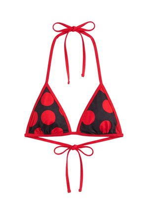 Haut de bikini triangle avec bordure rouge et liens, tissu noir avec grands pois rouges sur chaque bonnet, noué au cou et dans le dos.