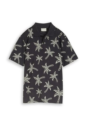 Polo nera a maniche corte con motivo di palme bianche e colletto con due bottoni.