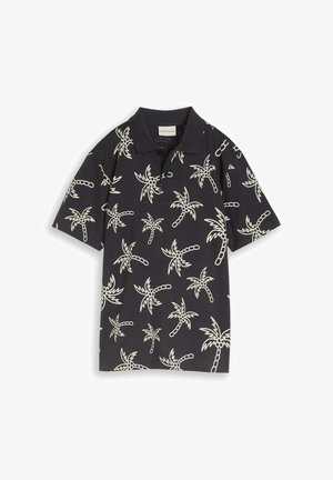 Czarna koszulka polo z krótkim rękawem, białym wzorem palm i kołnierzykiem z dwoma guzikami.