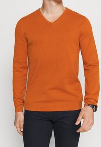 Oranžový svetr s výstřihem do V z měkké pleteniny, s žebrovanými manžetami a lemem. Hladká textura s minimálním logem nenápadně umístěným na hrudi.