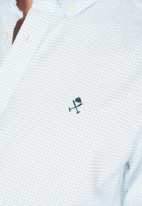Lichtblauw geblokt shirt met een button-down kraag en een donkerblauw geborduurd logo op de borst. Gemaakt van ademende katoen.