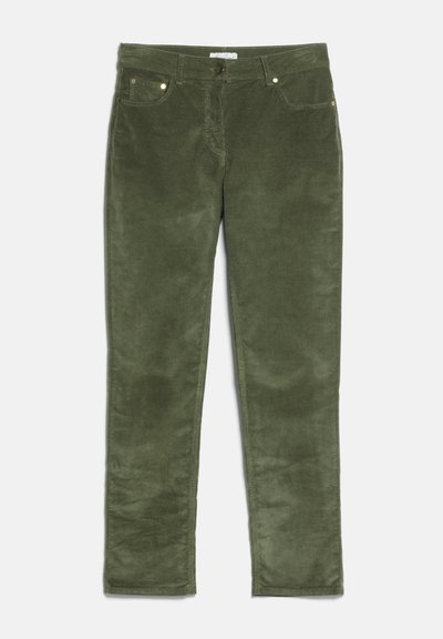 Pantalon en velours côtelé vert olive avec poches avant, passants de ceinture, fermeture éclair et bouton, présenté à plat sur un fond clair.