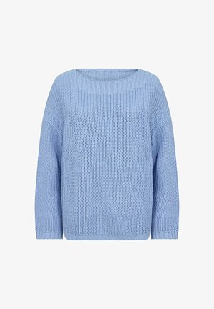 Pull en tricot bleu clair avec un col large, des manches longues et une coupe ample. Il présente un tissu texturé ainsi que des poignets et un ourlet côtelés.