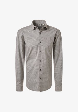 Camicetta a maniche lunghe con bottoni che presenta un design a fantasia nelle tonalità di grigio, nero e bianco. Realizzata in tessuto intrecciato con un colletto strutturato.