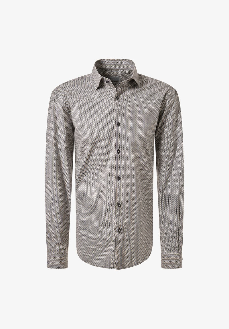 Camicetta a maniche lunghe con bottoni che presenta un design a fantasia nelle tonalità di grigio, nero e bianco. Realizzata in tessuto intrecciato con un colletto strutturato.