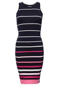 Strakke tankjurk in marineblauw met horizontale strepen in wit, lichtroze en donkerroze. Gemaakt van rekbare stof, knie-lengte ontwerp.