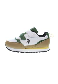 White, green, and tan sneaker with Velcro straps, textile and suede materials, rubber sole, and logo detail on the side.
