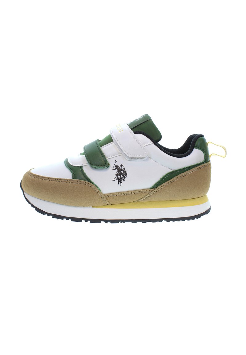 White, green, and tan sneaker with Velcro straps, textile and suede materials, rubber sole, and logo detail on the side.