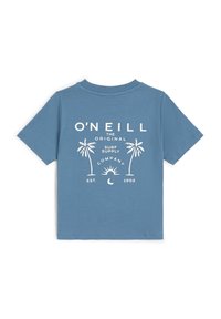 Hellblaues Baumwoll-T-Shirt mit kurzen Ärmeln, ausgestattet mit einem weißen Grafikdesign von Palmen und Sonne, sowie dem Text "O'Neill" und "EST. 1952."