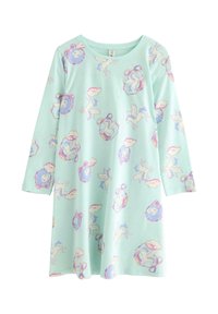 Langärmliges Kleid aus lichtmintgrünem Stoff mit einem Einhorn- und Wolkenmuster, mit Pastellfarben und einem Rundhalsausschnitt.
