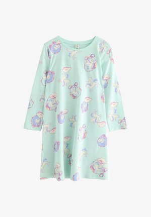 Dlouhé šaty z jemné mentolově zelené látky s vzorem jednorožce a mraků, v pastelových barvách a s klasickým kulatým výstřihem.