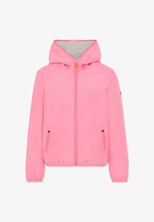 Giacca rosa con cappuccio e zip, con due tasche frontali con cerniera e polsini elastici, mostrata su sfondo bianco.