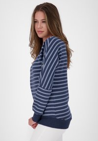 Navy blue and gray striped sweatshirt with long sleeves, ribbed cuffs, and hem. Features a logo on the front and a relaxed fit.