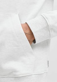 Lichtgrijze sweatshirt met een voorzak, geribbelde manchetten en een zachte katoenstructuur. Opvallende stiksels en logo-label zichtbaar.