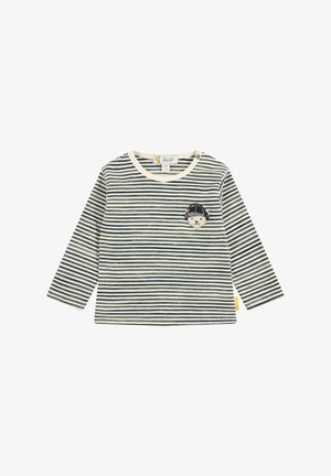 Chemise à manches longues rayée en coton crème et bleu marine. Dotée d'un col rond et d'un petit patch brodé représentant un ours portant une casquette.