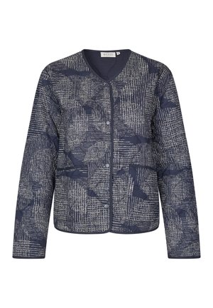 Navyblauwe geblokte jas van textuurstof, met een ronde halslijn, knoopsluiting en twee vo pockets.
