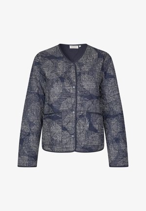Navy blue patterned jacket with textured fabric, featuring a round neckline, button closure, and two front pockets.