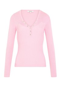 Jasnoróżowa prążkowana bluzka z długim rękawem z dekoltem w kształcie litery V, sześcioma srebrnymi guzikami na dekolcie oraz dopasowanym krojem.
