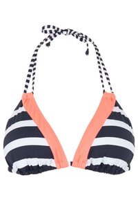 Bikini top met marineblauwe en witte horizontale strepen en koraalkleurige accenten. Te strikken bij de nek en met een gerimpelde rand aan de onderkant.