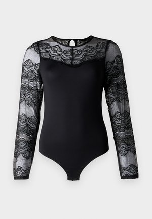 Schwarzer Body mit langen durchsichtigen Spitzeärmeln, die mit floralen Mustern und einer gepunkteten Textur verziert sind. Mit einem Schlüsselloch-Detail im Rücken und einem Druckknopfverschluss am Boden.