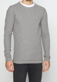 Szary longsleeve sweatshirt z okrągłym dekoltem, o grubym splocie, dopasowanych mankietach i ściągaczu. Noszony nad białą koszulką. Prosty design bez grafik.