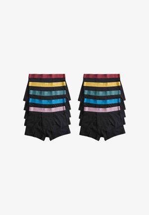 Zwei Stapel schwarzer Boxershorts mit Bund in Rot, Gelb, Grün, Blau und Pink, in absteigender Reihenfolge angeordnet.