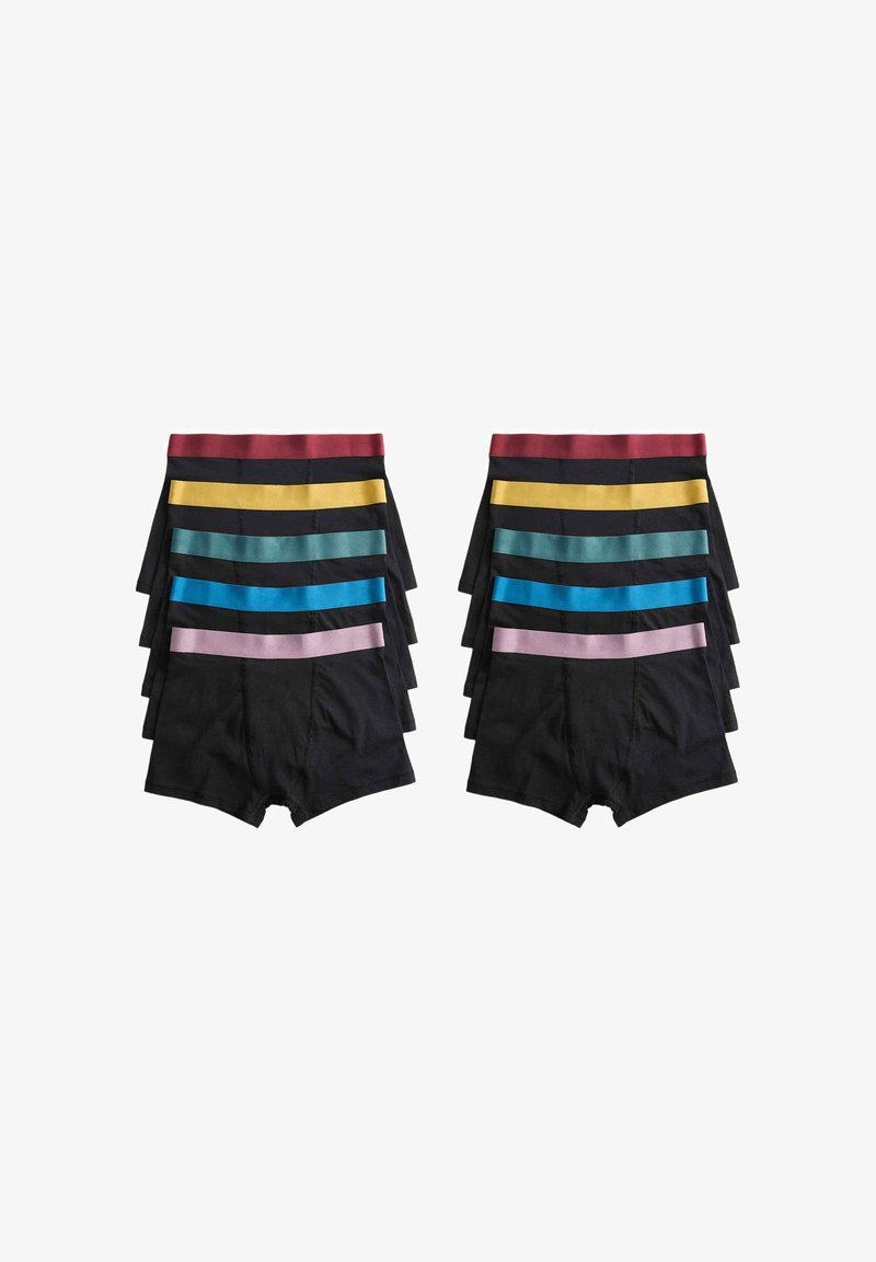 Dos pilas de bóxers negros con cinturillas en rojo, amarillo, verde, azul y rosa, dispuestas en orden descendente.