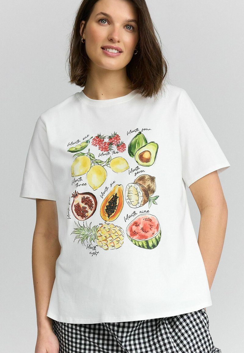 Witte katoenen t-shirt met kleurrijke fruitillustraties en tekstlabels, korte mouwen, ronde hals en een relaxed pasvorm.