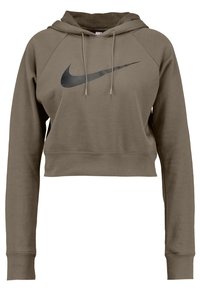 Cropped hooded sweatshirt in olive green. Made of soft fabric with a black Nike logo on the front. Features ribbed cuffs and drawstrings.