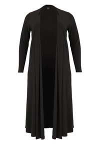 Schwarzer langer Cardigan mit offener Vorderseite, langen Ärmeln, aus weichem, elastischem Stoff. Hat ein fließendes Design, keine sichtbaren Verschlüsse oder Muster.