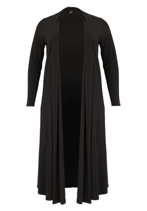 Cardigan long noir avec une ouverture à l'avant, des manches longues, fabriqué en tissu doux et extensible. Il présente un design fluide, sans fermetures visibles ni motifs.