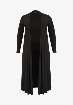 Black long cardigan with open front, long sleeves, made of soft, stretchy fabric. Features a flowing design, no visible fastenings or patterns.