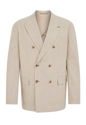 Béžové dvojradové sako s jemným károvaným vzorom, zárezovými klopami, šiestimi gombíkmi a vreckami s chlopňami, zobrazené na bielom pozadí.