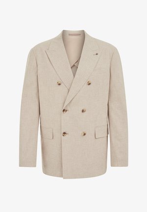 Béžové dvojradové sako s jemným károvaným vzorom, zárezovými klopami, šiestimi gombíkmi a vreckami s chlopňami, zobrazené na bielom pozadí.