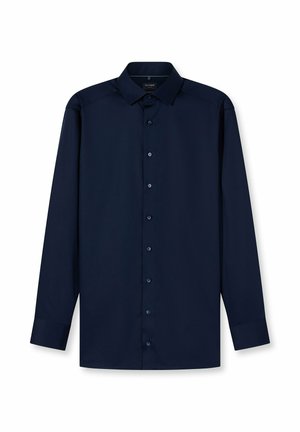 Marineblaues Langarmhemd mit Knopfleiste und klassischem Kragen, aus glattem Stoff mit passenden Knöpfen entlang der Vorderseite. Keine Muster oder Verzierungen.