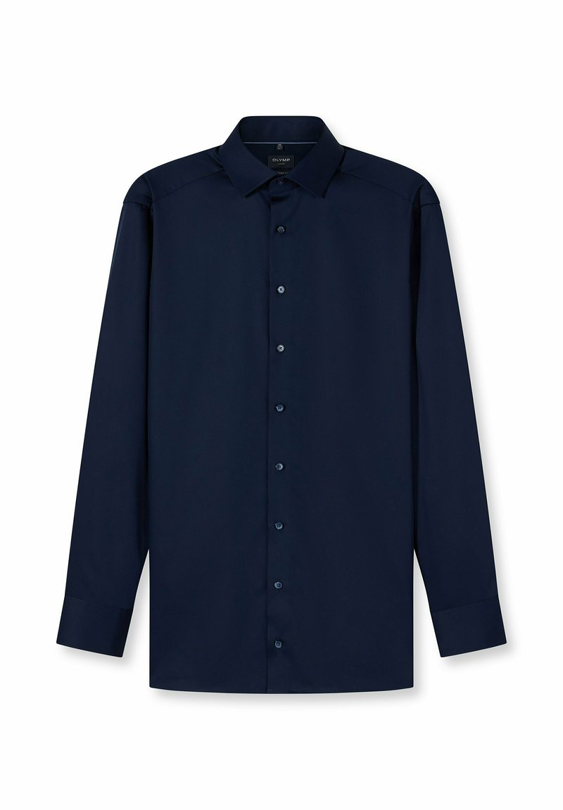 Marineblaues Langarmhemd mit Knopfleiste und klassischem Kragen, aus glattem Stoff mit passenden Knöpfen entlang der Vorderseite. Keine Muster oder Verzierungen.