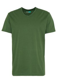 Grön ekologisk bomull t-shirt med v-hals, korta ärmar och en avslappnad passform. Mjuk textur och enkel design, inga synliga mönster eller detaljer.