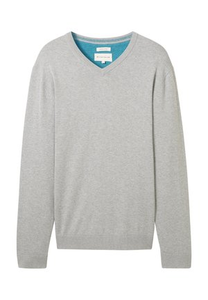 Maglione grigio a maniche lunghe con scollo a V, realizzato in cotone. Presenta un colletto interno blu a contrasto. Polsini e orlo a coste.