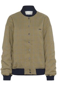 Jachetă bomber matlasată cu model în carouri galbene și bleumarin, având guler striat, nasturi clip și manșete elastice pentru o croială structurată.