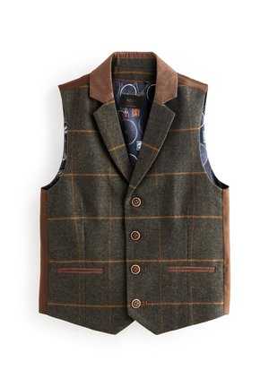 Wool vest with green herringbone pattern, brown suede collar and trim, five buttons, two front pockets, patterned lining visible inside.