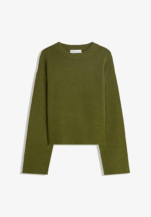Pull en maille vert olive avec col rond, manches longues et ourlet côtelé. Présente un design court avec une finition douce et texturée.