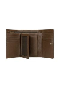 Portafoglio in pelle marrone con finitura texture, presenta molteplici scomparti per carte, una tasca trasparente per l'ID e un compartimento con cerniera per le monete.