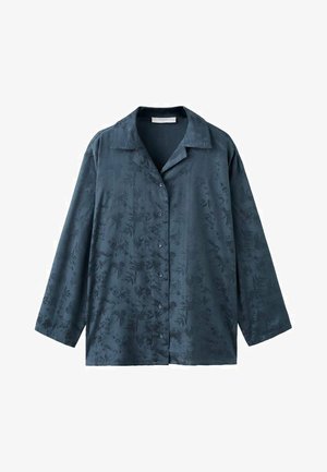 Dark blue button-up shirt made of smooth fabric, featuring a floral embossed pattern, a collar, and long sleeves with a relaxed fit.